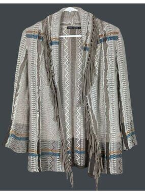Nic + Zoe Southwestern Fringe Cardigan Womens 2P Beige Boho Festival Spring